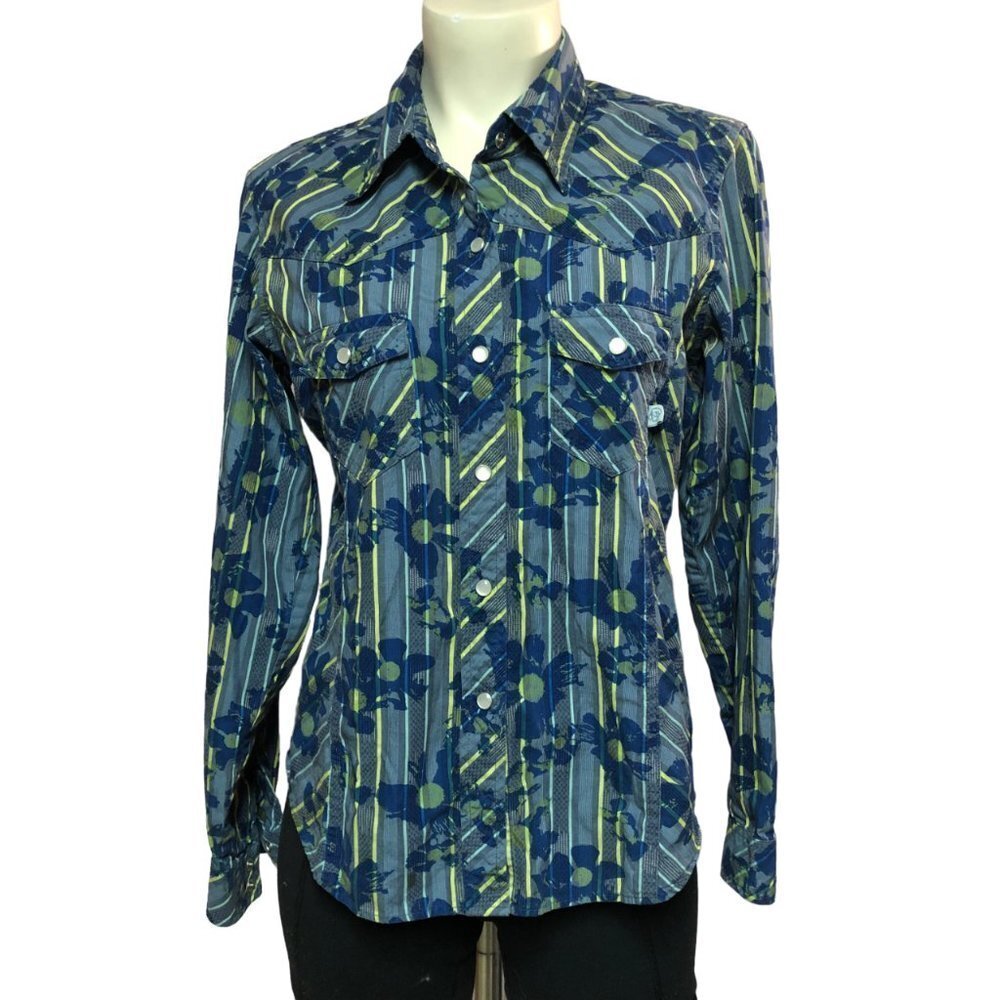 Patagonia Blue & Yellow Flowers Pattern Pearl Snaps Long Sleeve Shirt Size Med